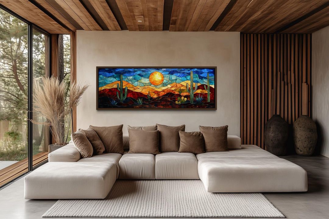 Southwest desert sunset cactus landscape stained glass style long horizontal canvas wall art.