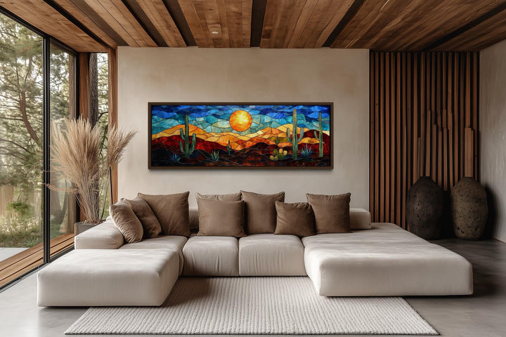 Southwest desert sunset cactus landscape stained glass style long horizontal canvas wall art.