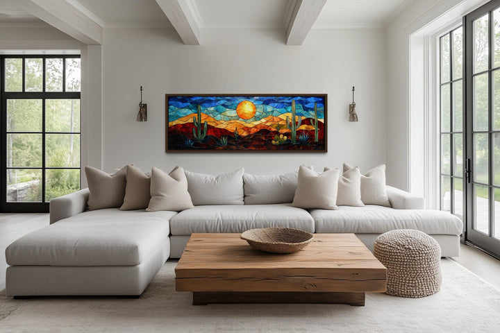 Southwest Desert Sunset Cactus Landscape Stained Glass Style Long Horizontal Canvas Wall Art