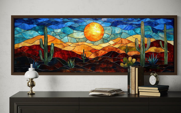 Southwest desert sunset cactus landscape stained glass style long horizontal canvas wall art.