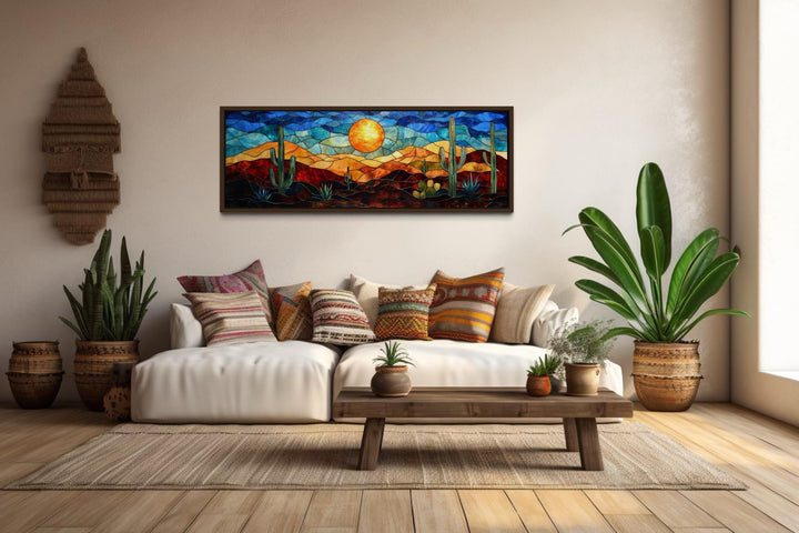 Southwest Desert Sunset Cactus Landscape Stained Glass Style Long Horizontal Canvas Wall Art
