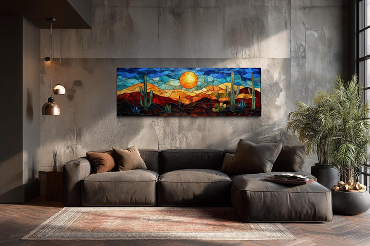 Southwest Desert Sunset Cactus Landscape Stained Glass Style Long Horizontal Canvas Wall Art