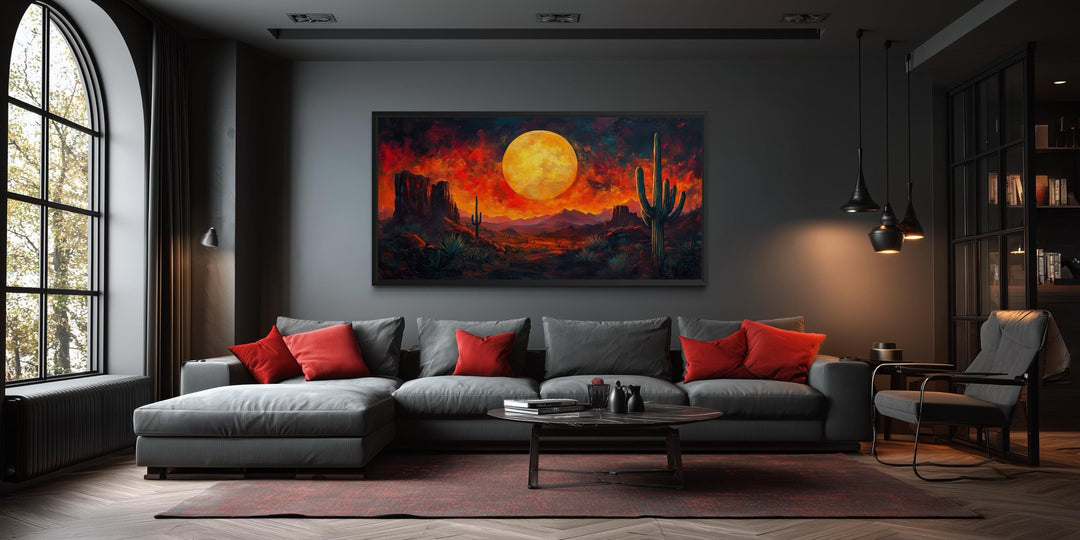 Southwest desert wall art featuring a dramatic red sunset canvas print with a cactus silhouette.