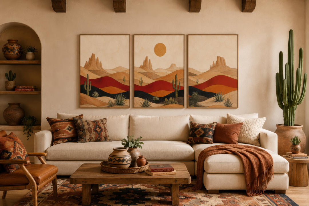 Triptych of mid-century modern southwest desert landscape canvas prints above a cream sofa.