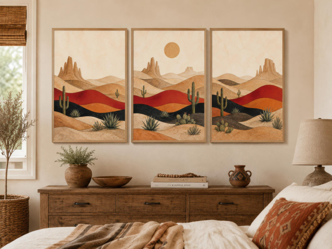 Set of 3 Southwest desert landscape canvas prints with cacti and mountains in warm earth tones.