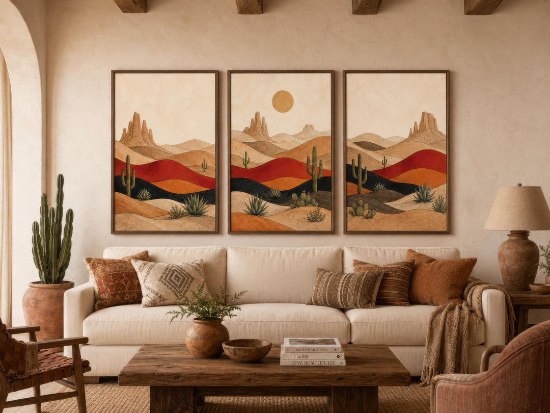 Southwest Desert Wall Art – Mid Century Modern Art Set of 3 Cactus Canvas Prints