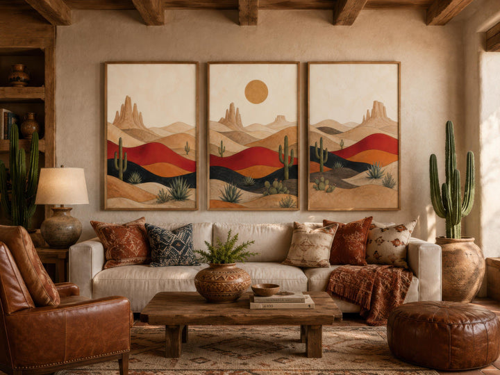 Triptych of Southwest desert landscape canvas prints with cacti and mountains in a warm living room.