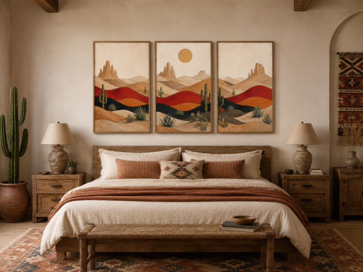 Triptych of mid-century modern Southwest desert art with cacti and mountains above a wooden bed.