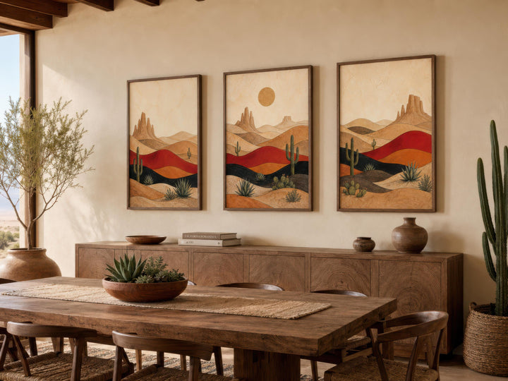 Set of 3 Southwest desert canvas prints featuring abstract cacti and mountains in a dining room.