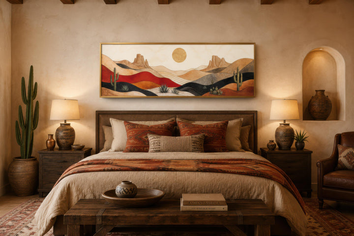 Southwest desert wall art with mid-century modern cactus and mountain landscape above a bed.