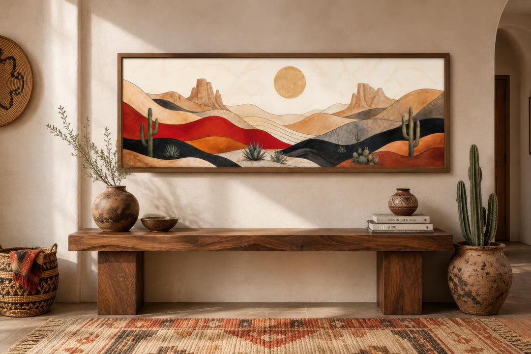 Mid-century modern horizontal canvas print of a Southwest desert landscape with cacti and sun.