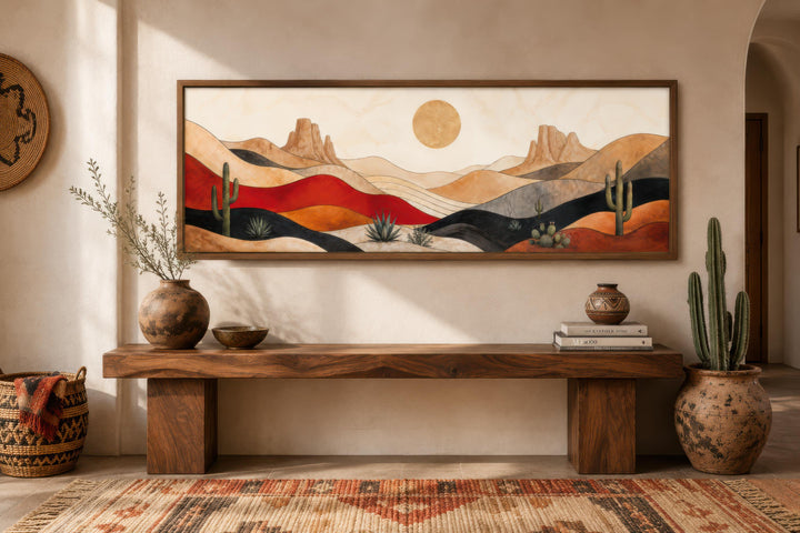 Mid-century modern horizontal canvas print of a Southwest desert landscape with cacti and sun.