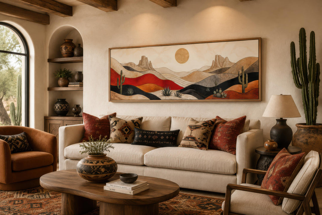 Southwest desert landscape canvas print with mountains, cactus, and sun above a living room sofa.