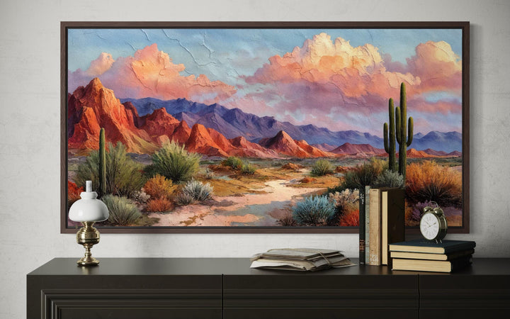 A rustic canvas print of a Southwest desert landscape with earth tones and vibrant mesas.