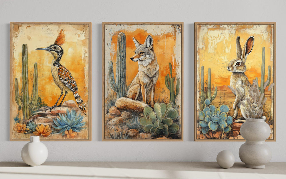 Set of three framed desert animal prints featuring a roadrunner, coyote, and rabbit with cacti.
