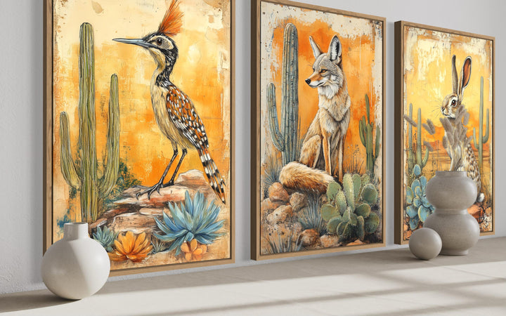 Set of three Southwest canvas prints featuring a roadrunner, coyote, and rabbit in a desert setting.