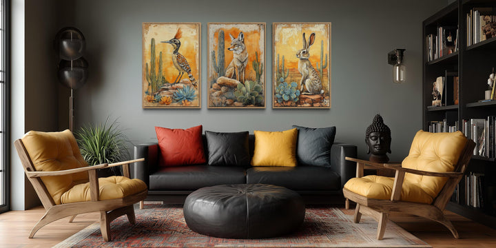 Set of three Southwest desert animal canvas prints featuring a roadrunner, coyote, and rabbit.