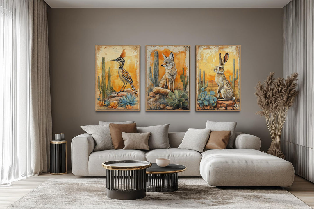Set of three Southwest desert animal canvas prints featuring a roadrunner, coyote, and rabbit.