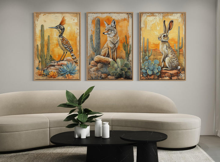 Set of three Southwest desert animal canvas prints featuring a roadrunner, coyote, and rabbit.