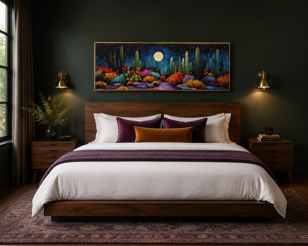 Southwest desert cacti under a moon and starry sky horizontal canvas art above a wooden bed.