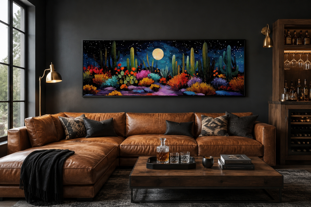 Southwest desert cacti under a moon and starry sky on a long horizontal canvas over a leather sofa.
