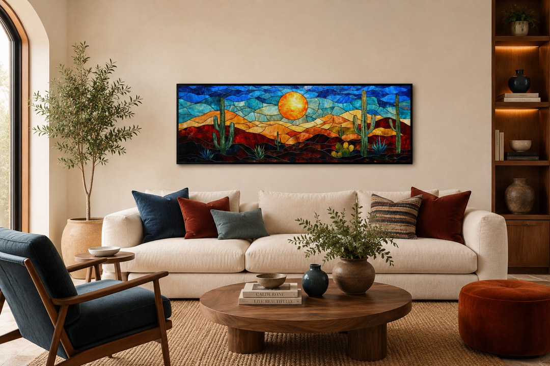 Southwest desert sunset cactus landscape stained glass style long horizontal canvas wall art.