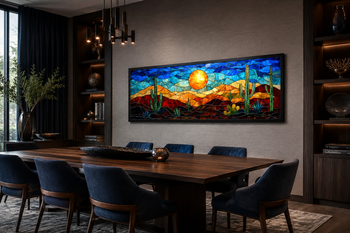 Southwest desert sunset cactus landscape stained glass style long horizontal canvas wall art.