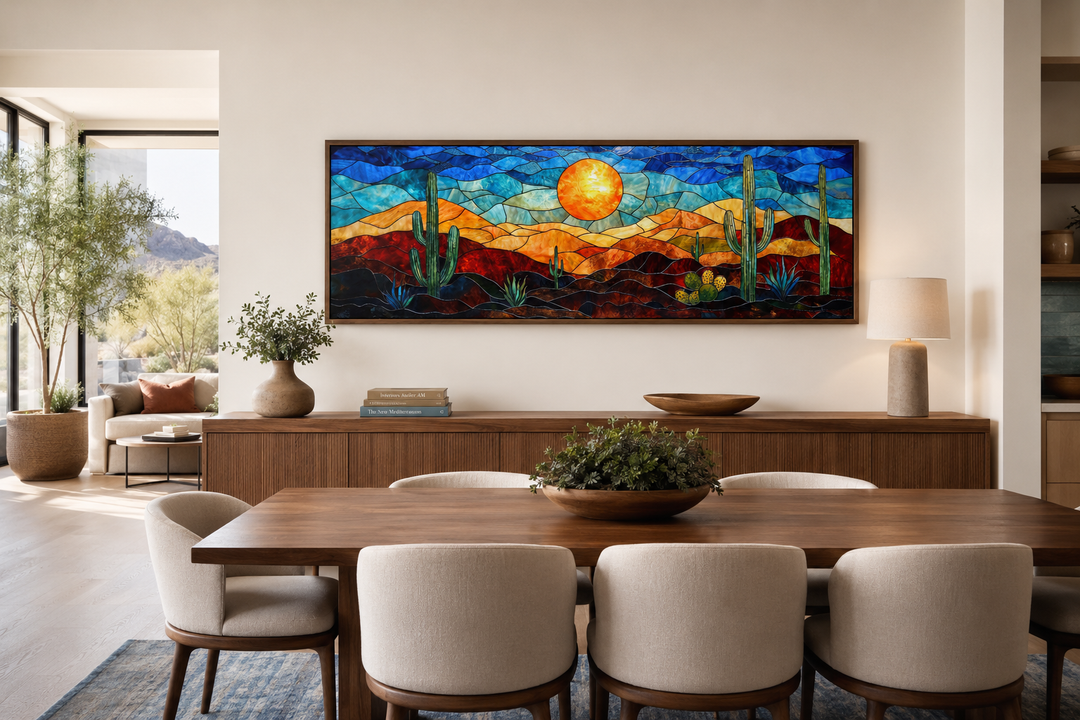 Southwest desert sunset stained glass style long horizontal canvas wall art above a dining table.