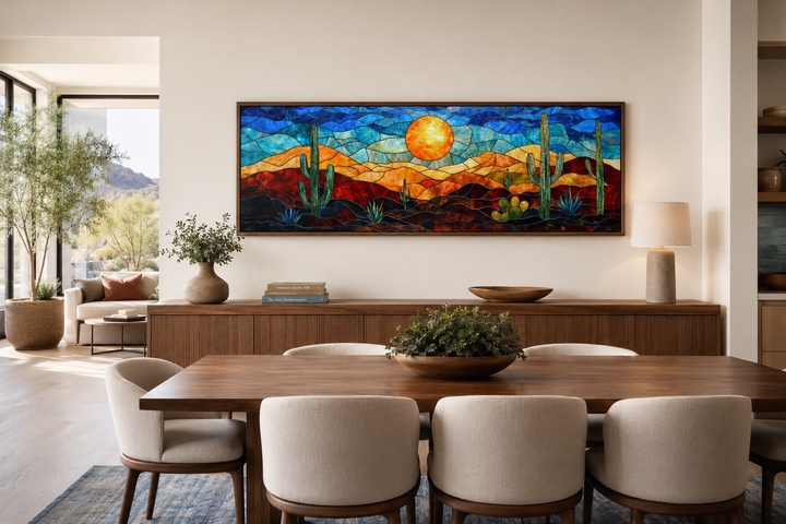 Southwest desert sunset stained glass style long horizontal canvas wall art above a dining table.