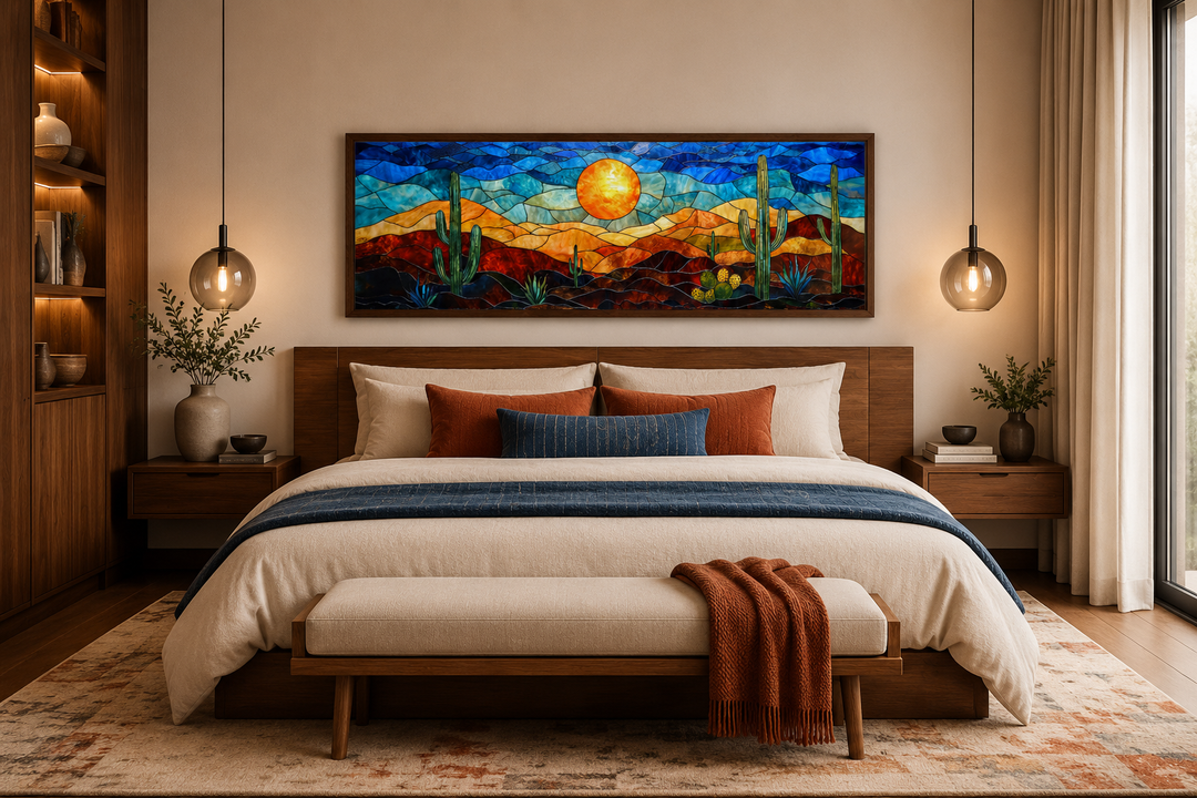 Southwest desert sunset cactus landscape stained glass style long horizontal canvas wall art.