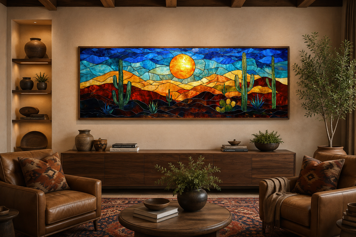 Southwest desert sunset cactus landscape stained glass style long horizontal canvas wall art.