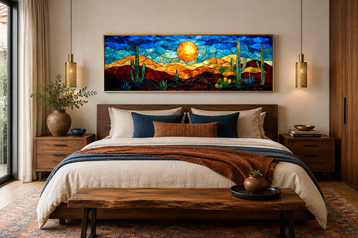 Southwest desert sunset cactus landscape stained glass style long horizontal canvas wall art.