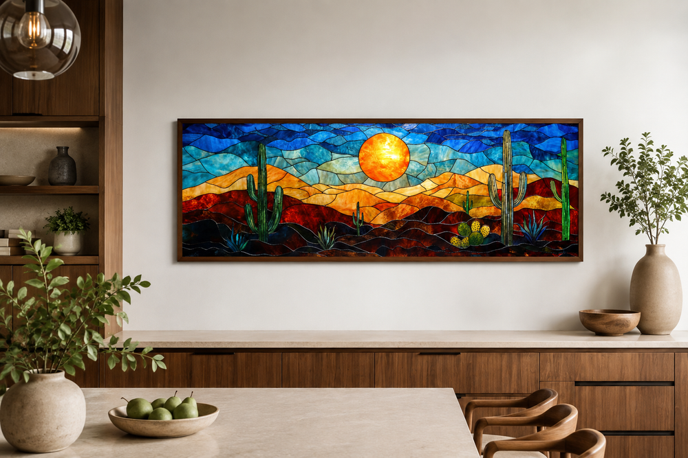 Southwest desert sunset stained glass style long horizontal canvas wall art with cactus landscape.