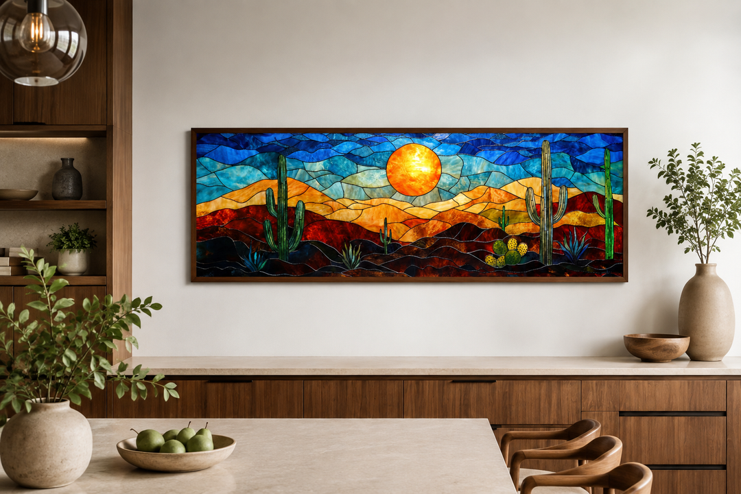 Southwest desert sunset stained glass style long horizontal canvas wall art with cactus landscape.