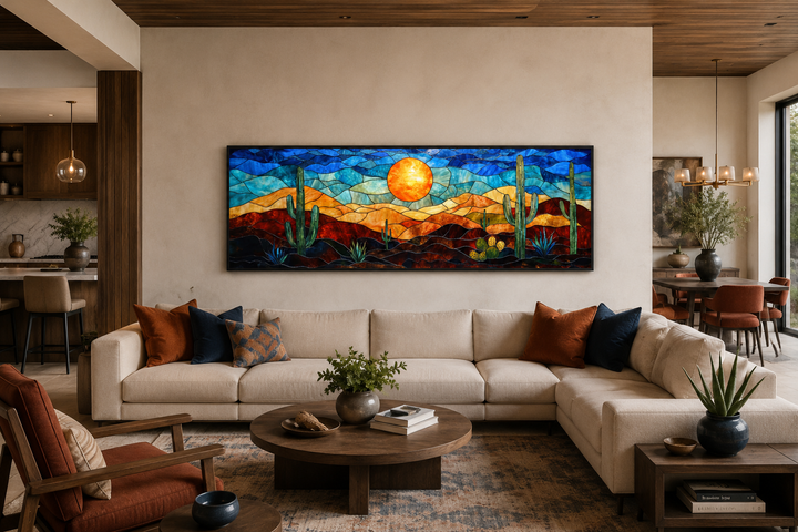 Southwest desert sunset cactus landscape stained glass style long horizontal canvas wall art.