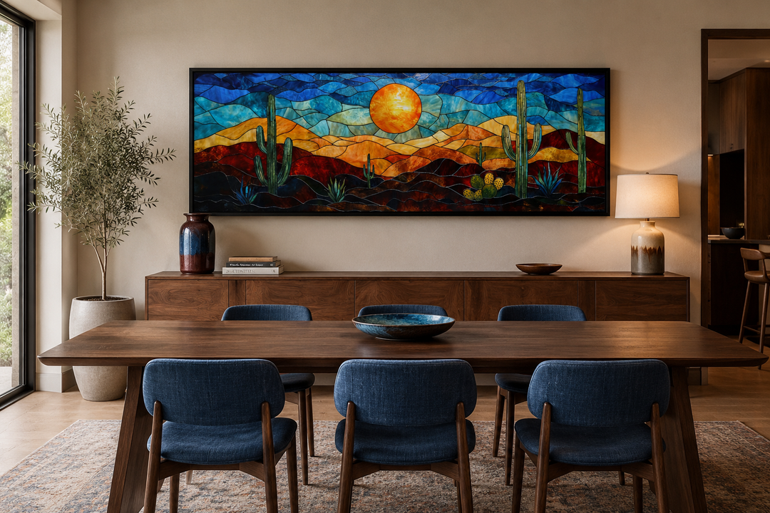 Southwest desert sunset cactus landscape stained glass style long horizontal canvas wall art.