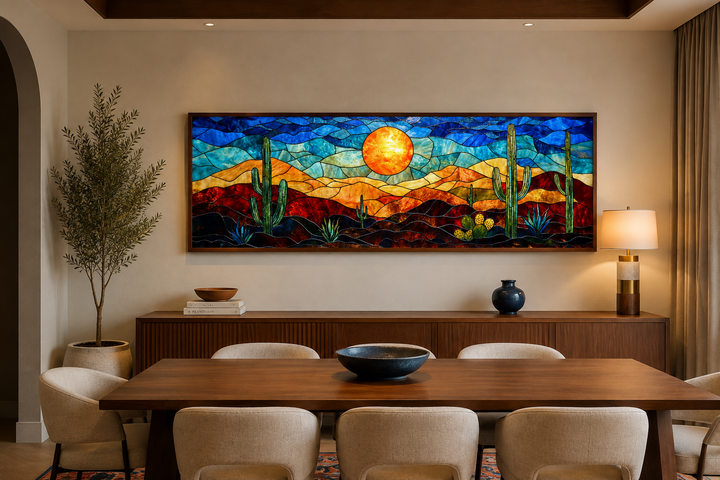 Southwest desert sunset stained glass style long horizontal canvas wall art above a dining table.