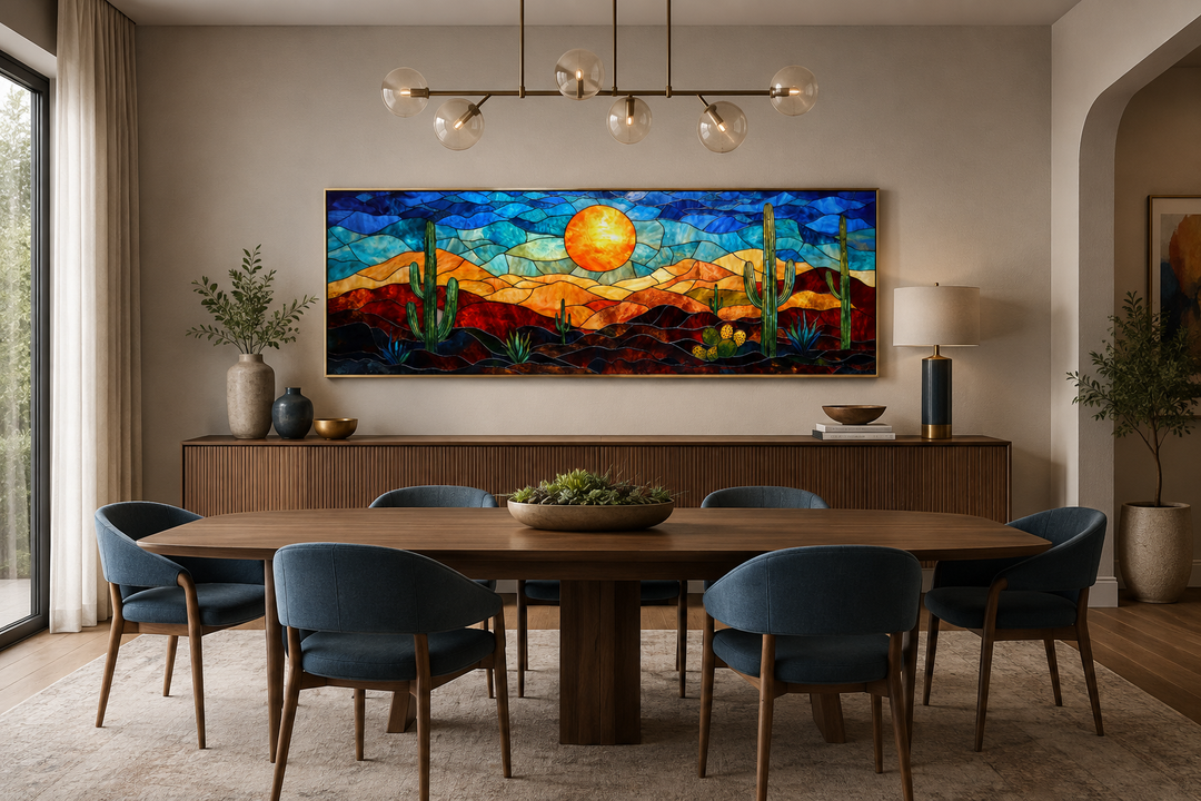 Southwest desert sunset cactus landscape stained glass style long horizontal canvas wall art.