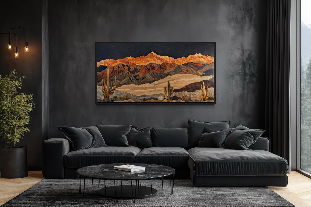 Southwestern Canvas Wall Art – Layered Wood Desert Landscape With Cactus Decor
