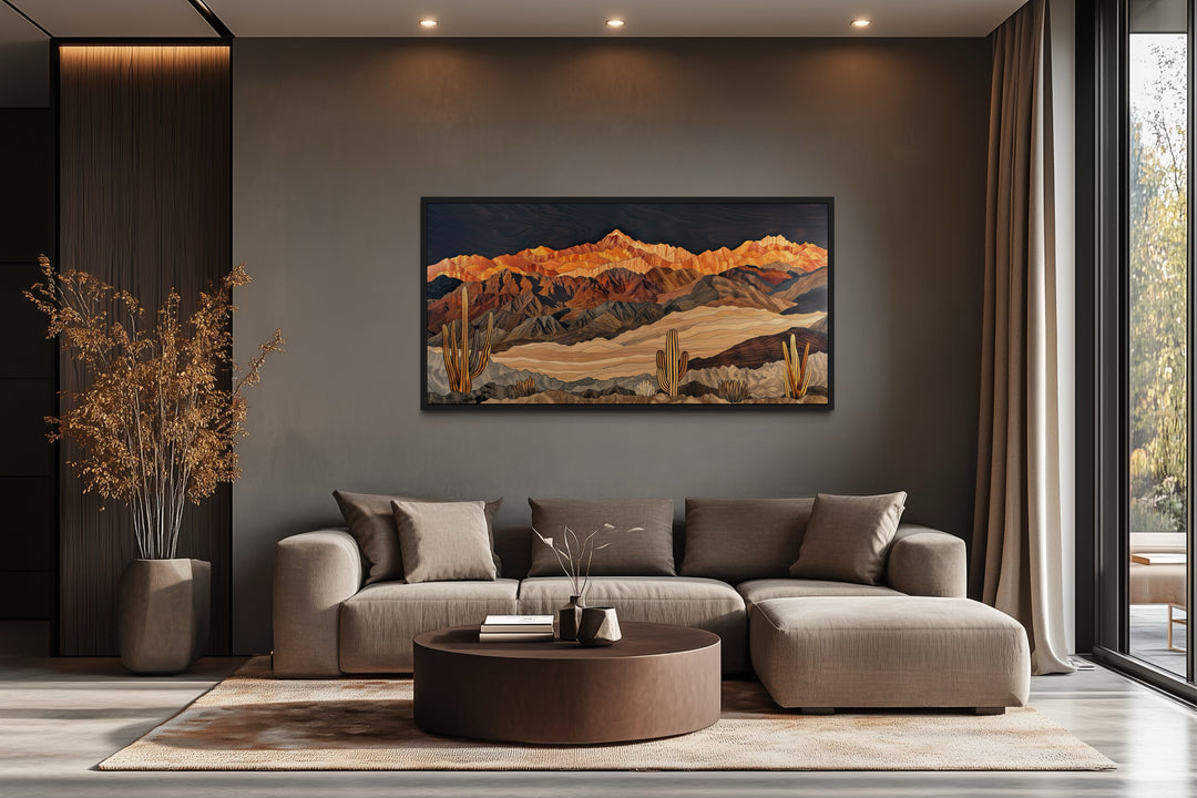 Southwestern Canvas Wall Art – Layered Wood Desert Landscape With Cactus Decor