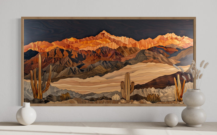 Southwestern Canvas Wall Art – Layered Wood Desert Landscape With Cactus Decor