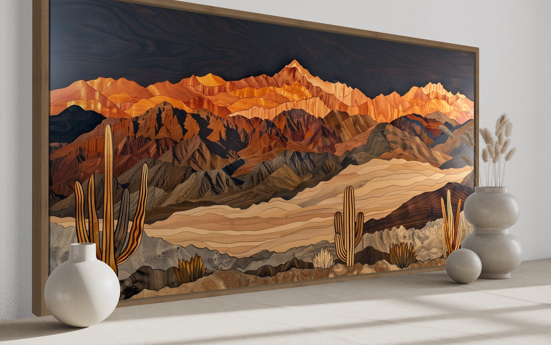 Southwestern Canvas Wall Art – Layered Wood Desert Landscape With Cactus Decor
