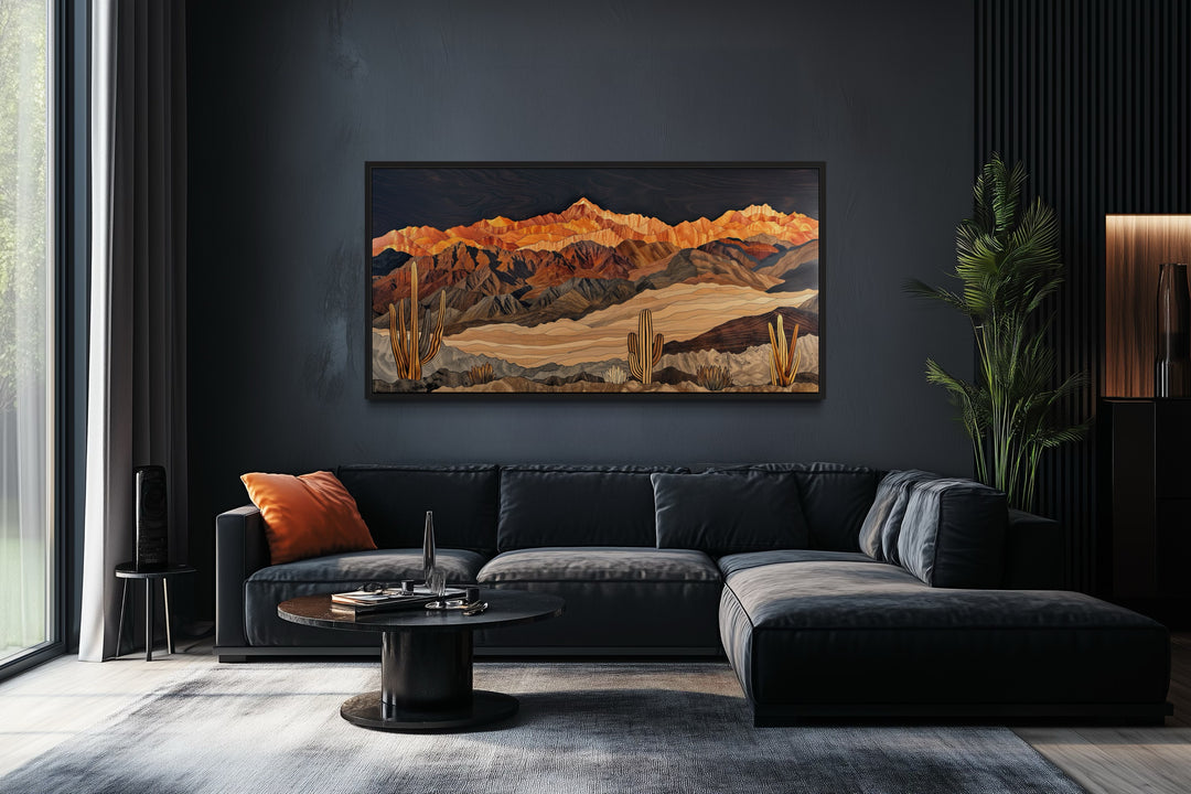 Southwestern Canvas Wall Art – Layered Wood Desert Landscape With Cactus Decor