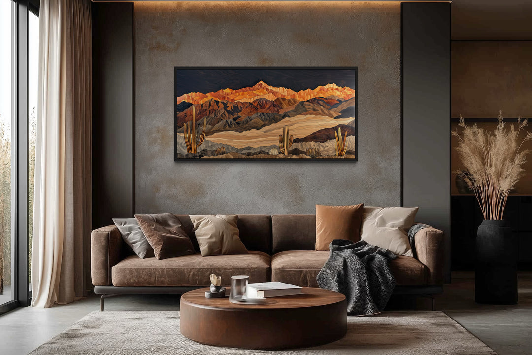 Southwestern Canvas Wall Art – Layered Wood Desert Landscape With Cactus Decor
