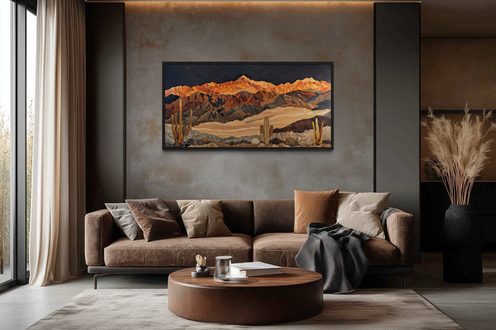 Southwestern Canvas Wall Art – Layered Wood Desert Landscape With Cactus Decor