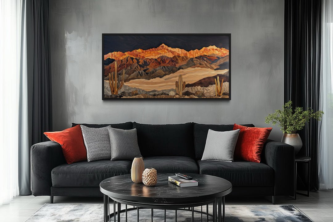 Southwestern Canvas Wall Art – Layered Wood Desert Landscape With Cactus Decor