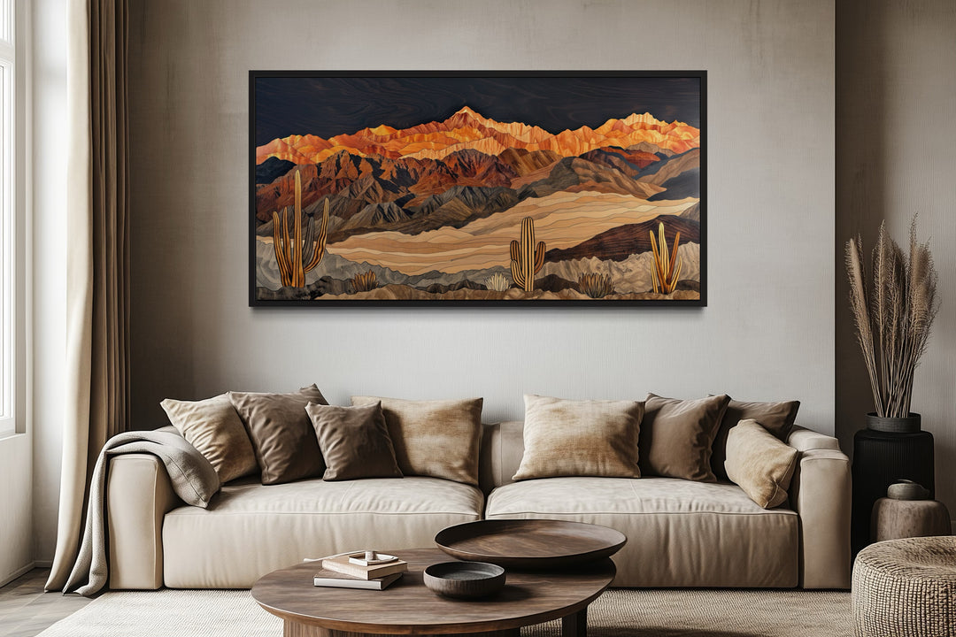 Southwestern Canvas Wall Art – Layered Wood Desert Landscape With Cactus Decor