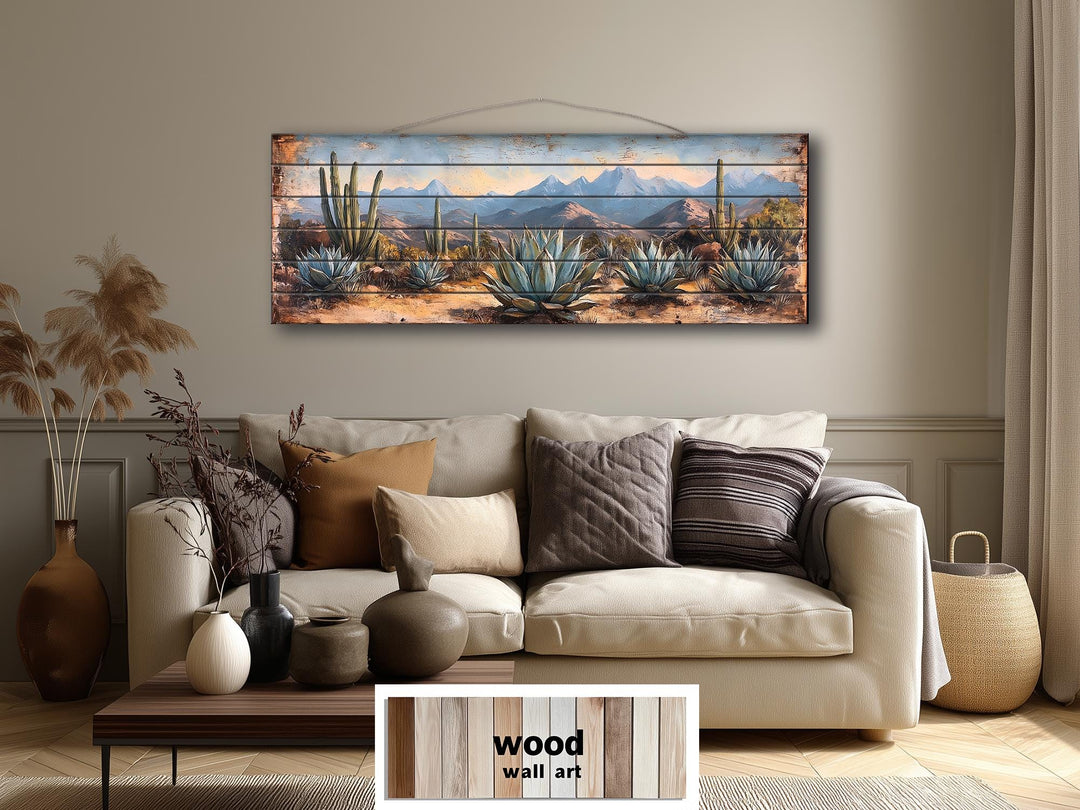Southwestern Desert Agave Plants Long Horizontal Distressed Wood Wall Art