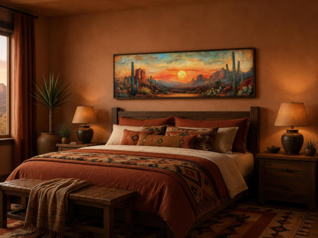 Panoramic desert sunset canvas print with saguaro cacti above a bed in a southwestern bedroom.