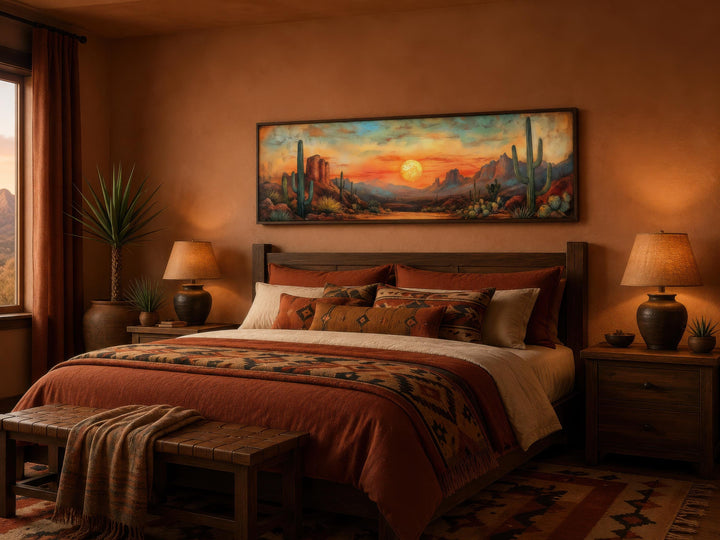 Panoramic desert sunset canvas print with saguaro cacti above a bed in a southwestern bedroom.